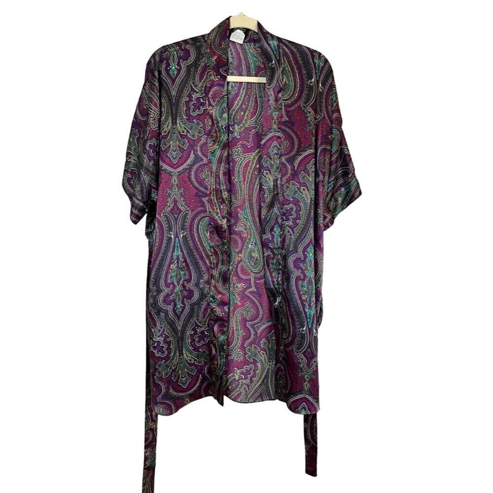 Vtg Kathryn Robe Women M Purple Satin Like Floral Green Floral Tie Waist Midi